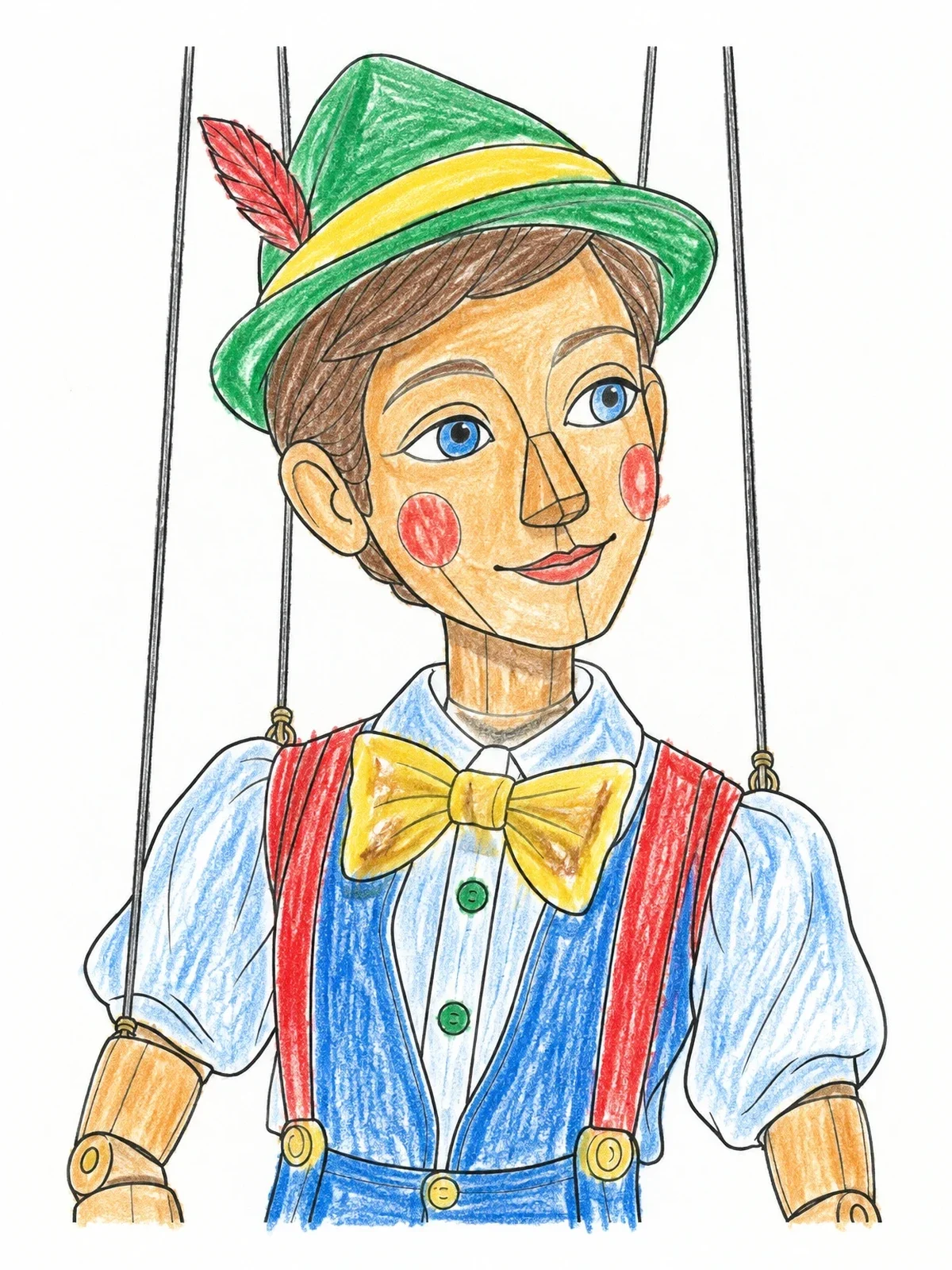 Colored example of the Classic Wooden Boy Marionette coloring page