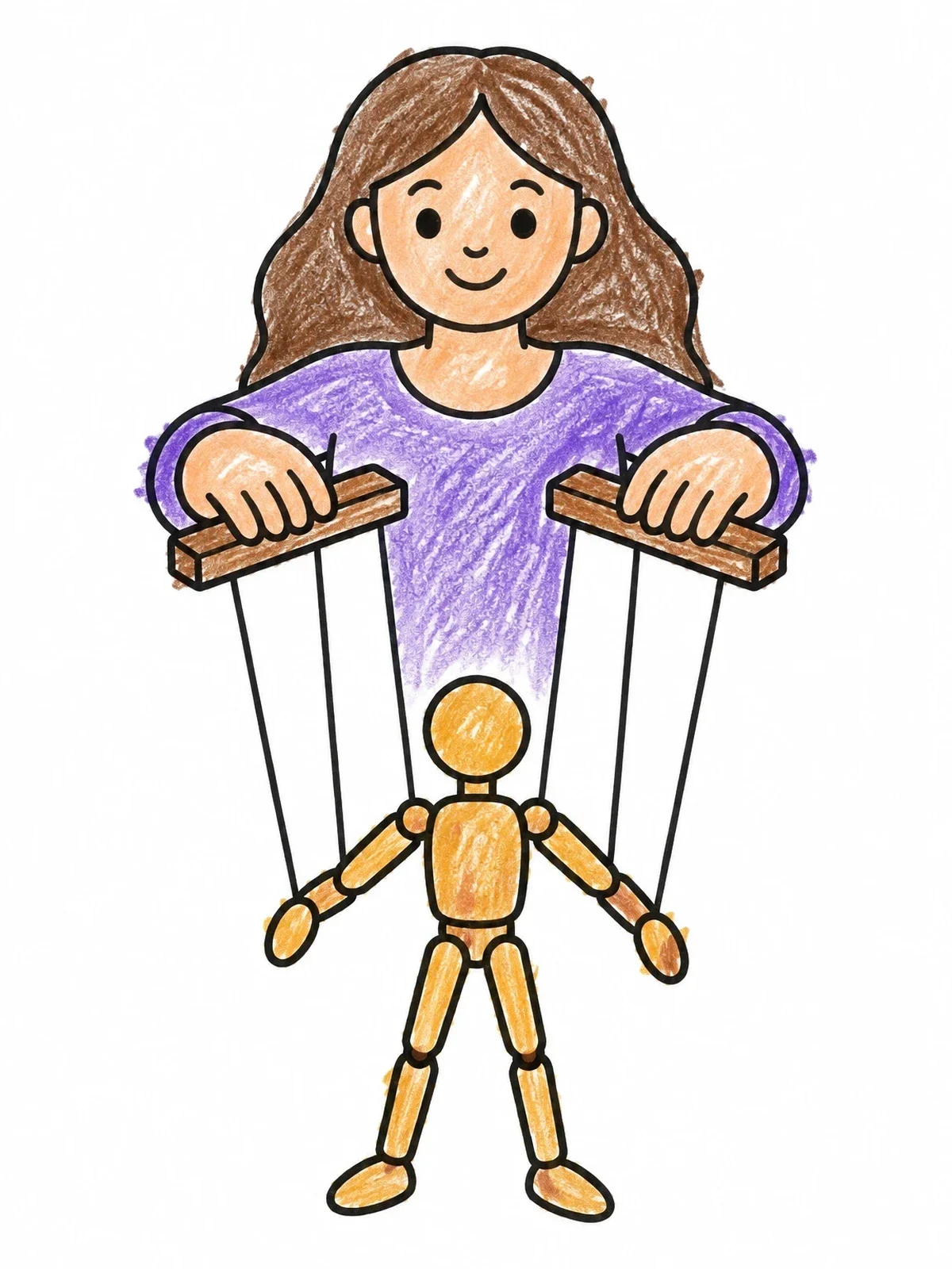 Colored example of the Girl Operating A Wooden Marionette coloring page