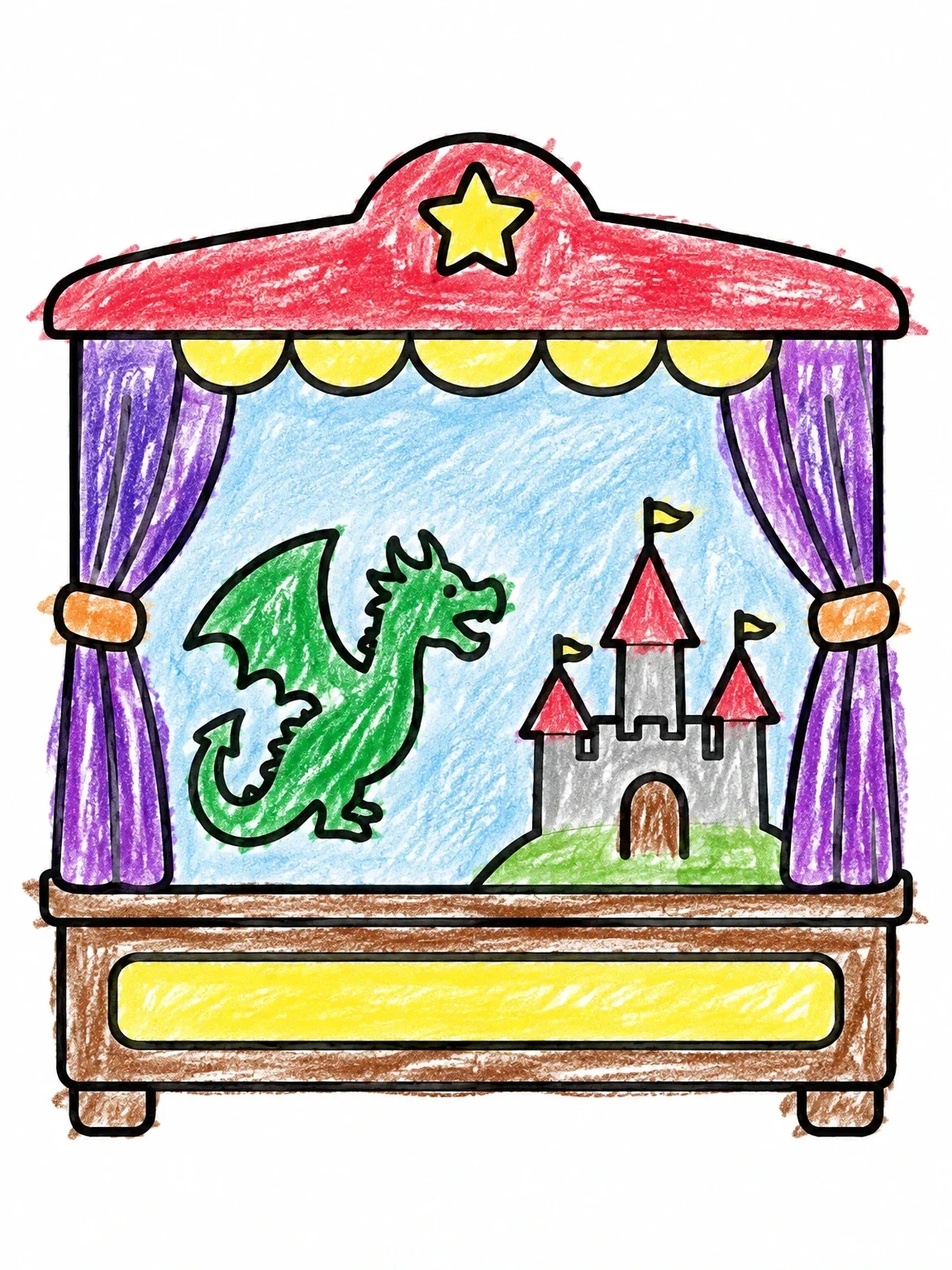 Colored example of the Puppet Theater With Dragon And Castle coloring page