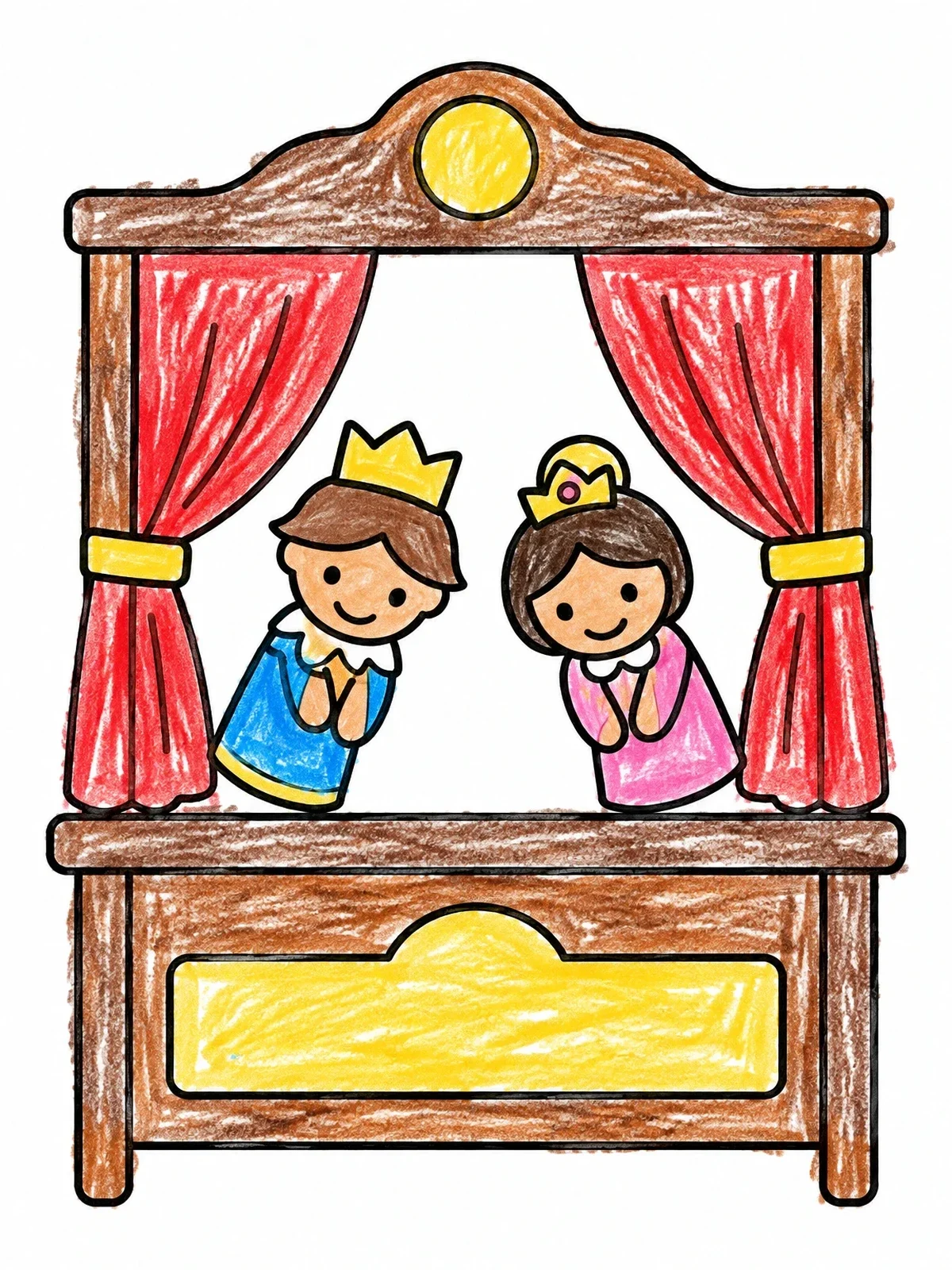 Colored example of the Puppet Theater With Prince And Princess coloring page