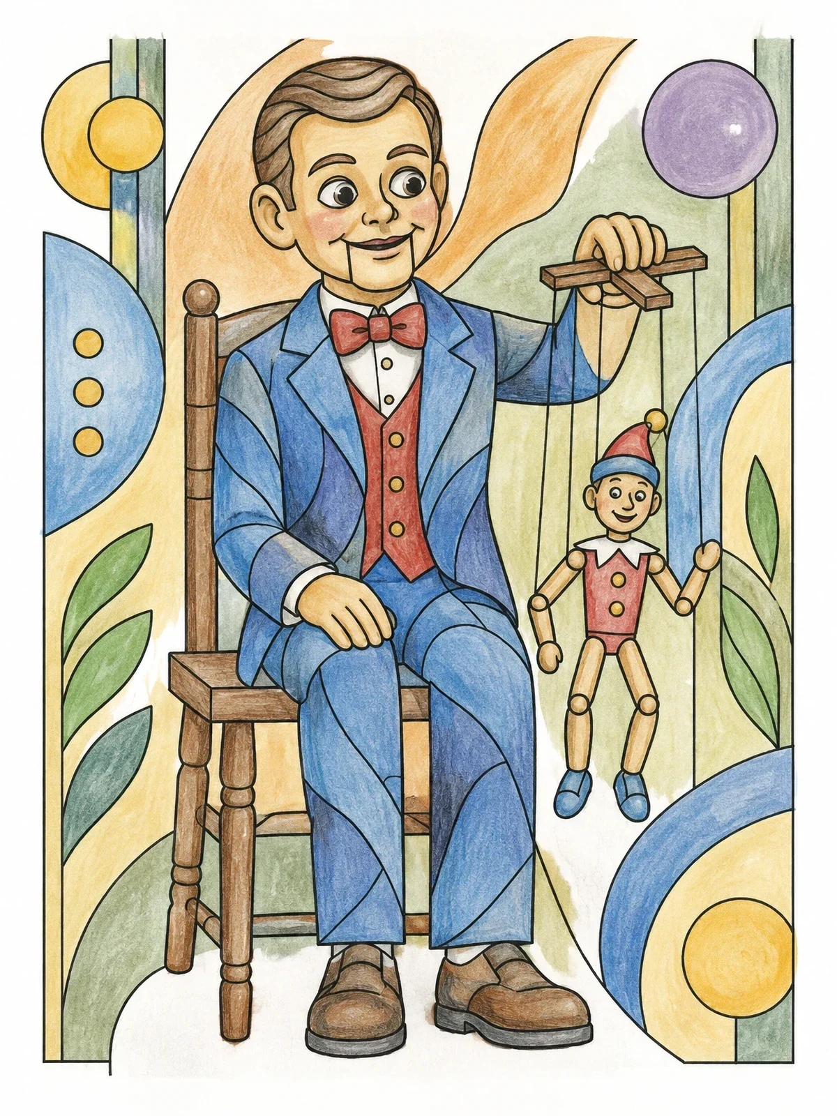 Colored example of the Ventriloquist Dummy With Small Marionette coloring page