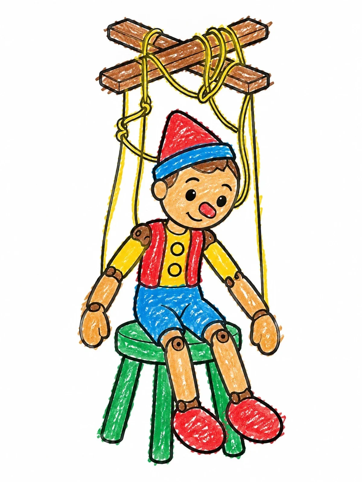 Colored example of the Wooden Marionette On A Stool coloring page
