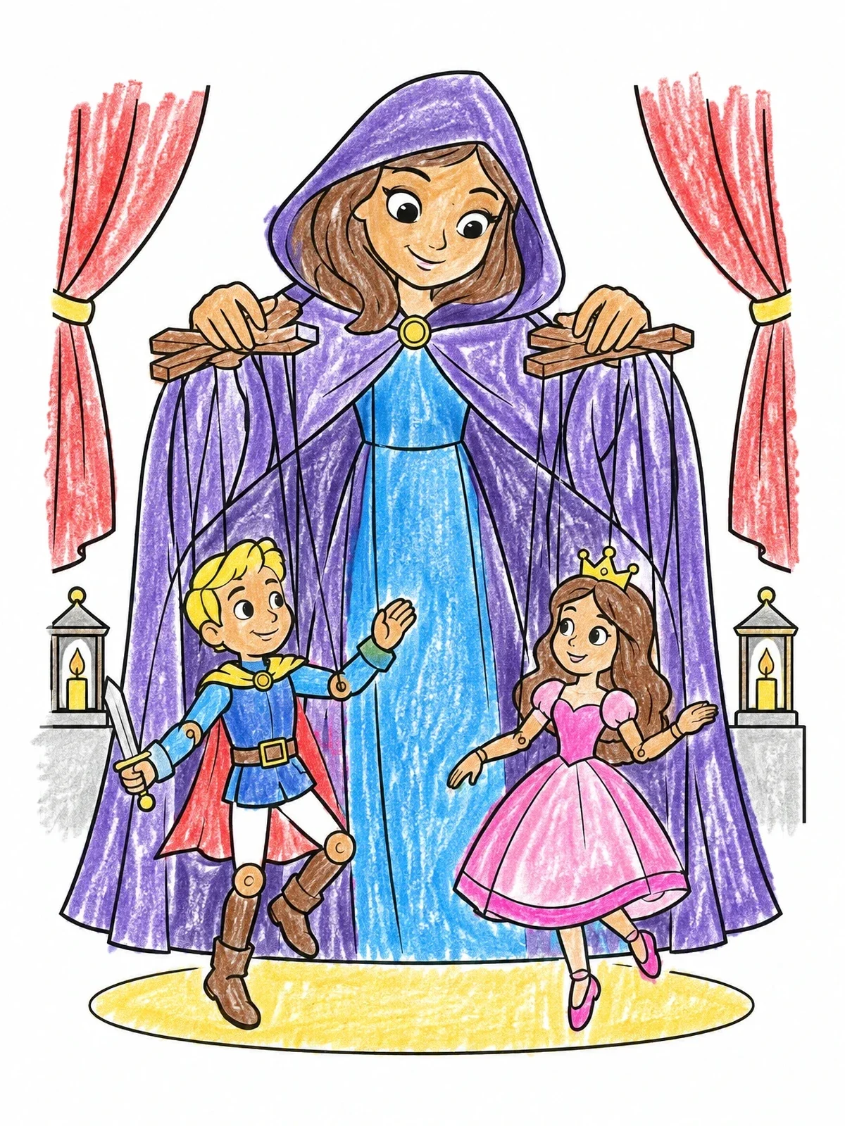 Colored example of the Puppeteer With Prince And Princess Marionettes coloring page