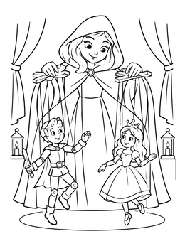 Free printable Puppeteer With Prince And Princess Marionettes coloring page