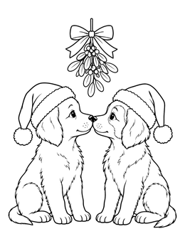 Two golden retriever puppies touching noses in this cute mistletoe coloring page.