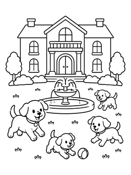 Free printable Playful Puppies In Front Of Mansion coloring page