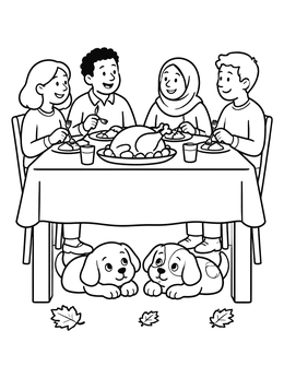 Free printable Puppies Under The Thanksgiving Table coloring page