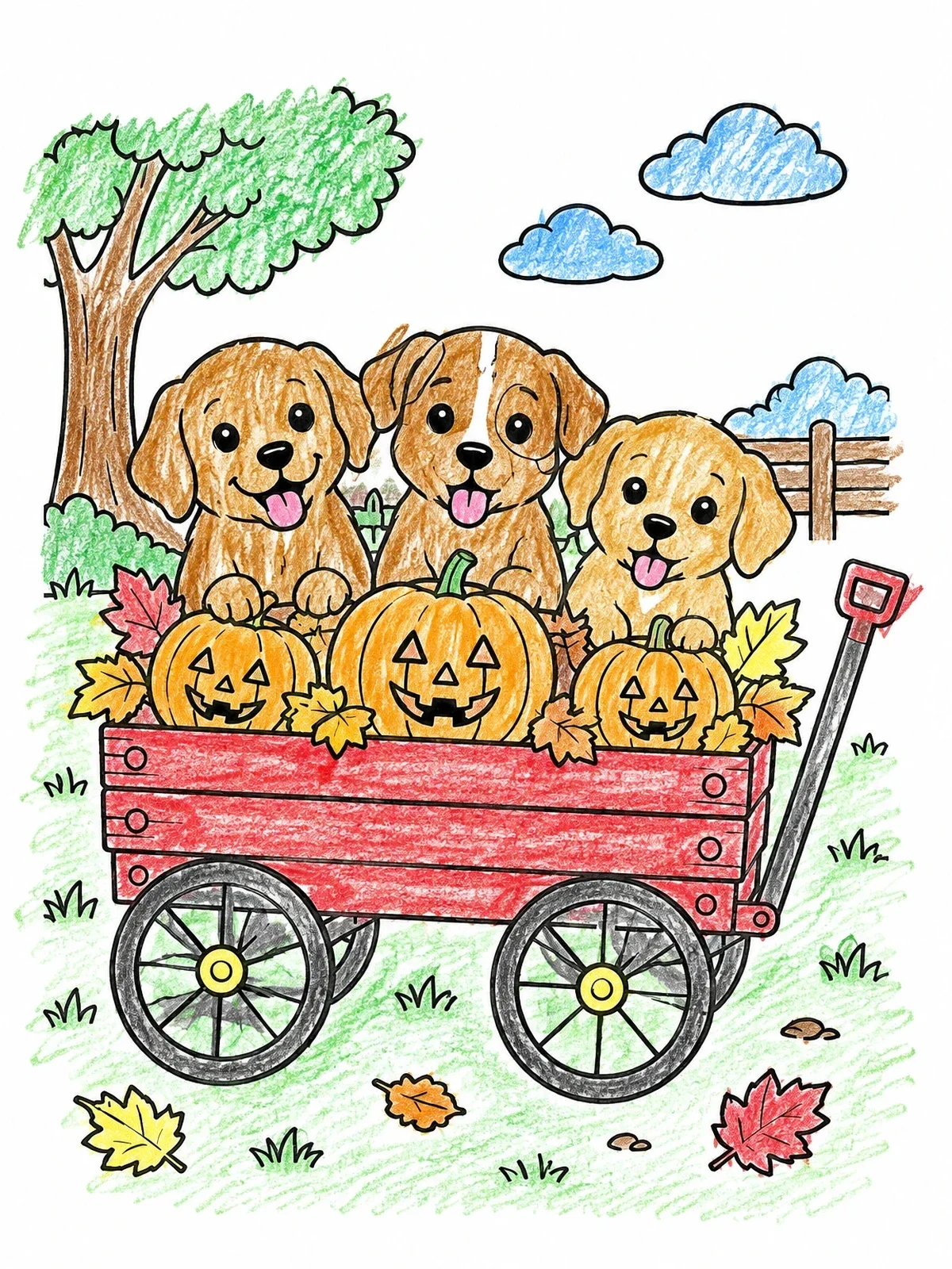 Colored example of the Puppies In A Halloween Wagon coloring page