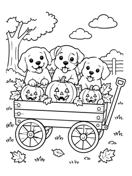 Free printable Puppies In A Halloween Wagon coloring page