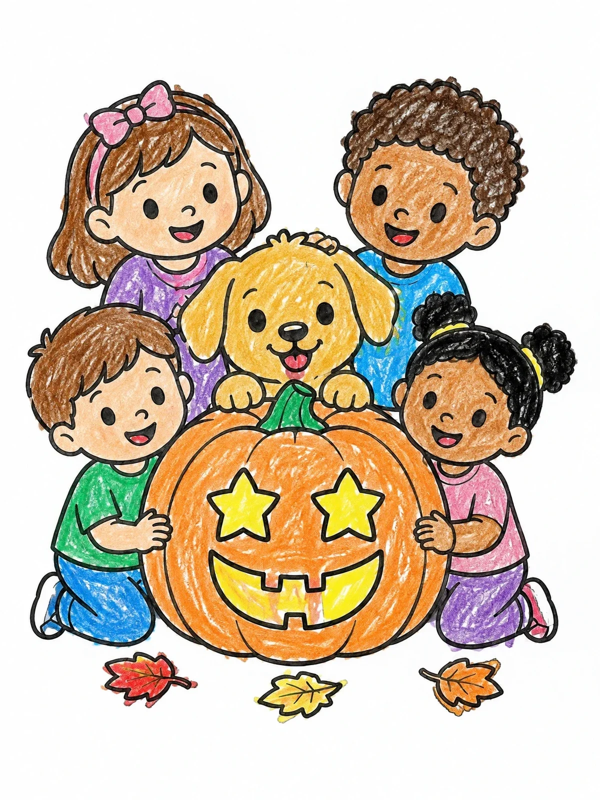 Colored example of the Puppy And Children With Halloween Pumpkin coloring page