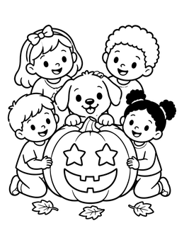 Free printable Puppy And Children With Halloween Pumpkin coloring page