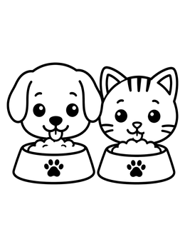 A puppy and kitten sitting behind food bowls on this kitten coloring page.
