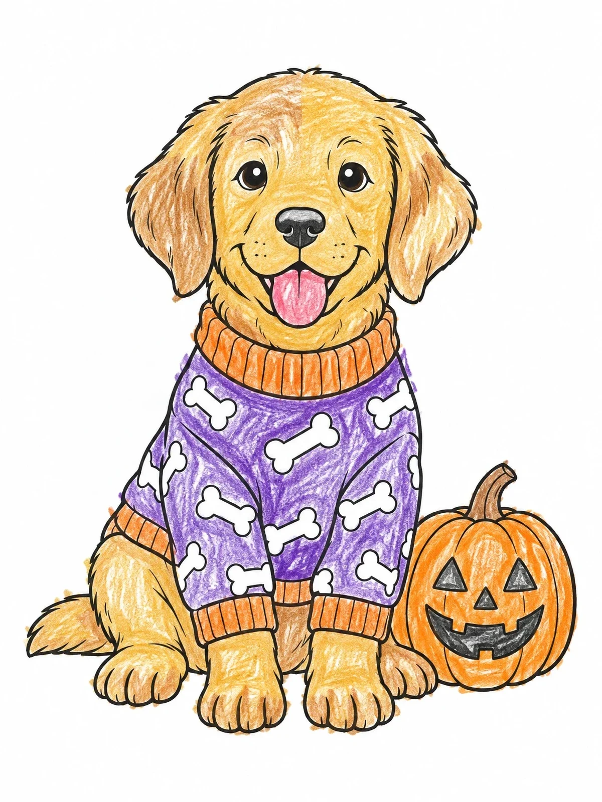 Colored example of the Puppy In Bone Pattern Sweater coloring page