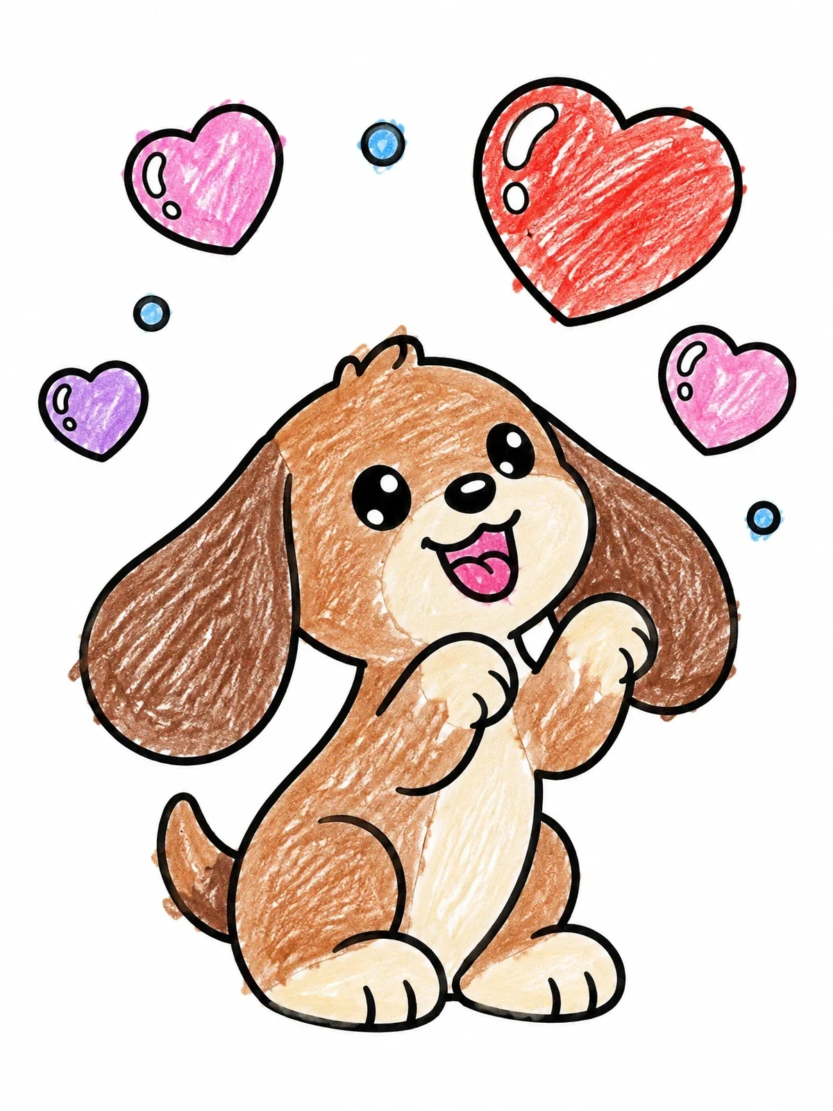 Colored example of the Puppy Catching Heart Bubbles coloring page