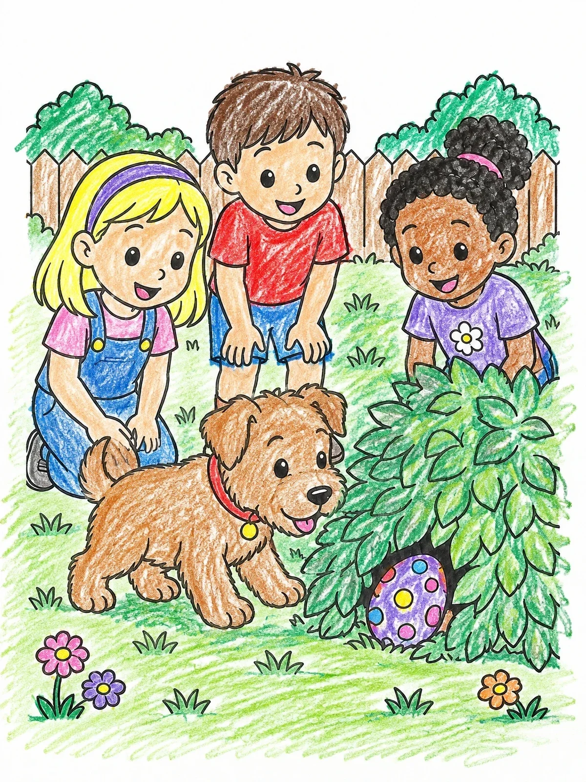 Colored example of the Puppy And Children Finding Easter Egg coloring page