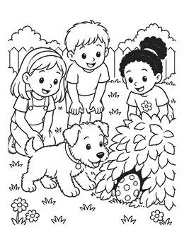 Free printable Puppy And Children Finding Easter Egg coloring page