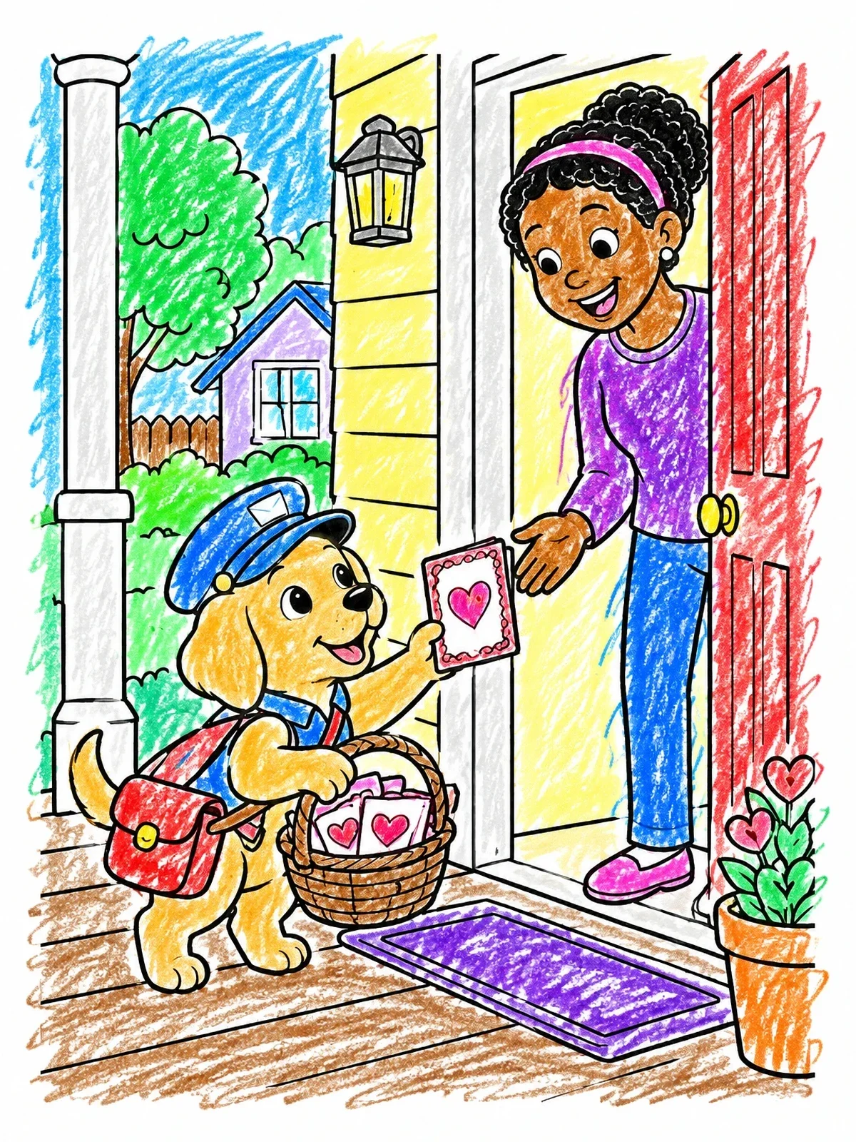 Colored example of the Mail Carrier Puppy Delivering Valentine Cards coloring page