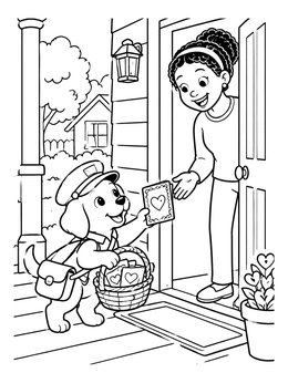 Free printable Mail Carrier Puppy Delivering Valentine Cards coloring page