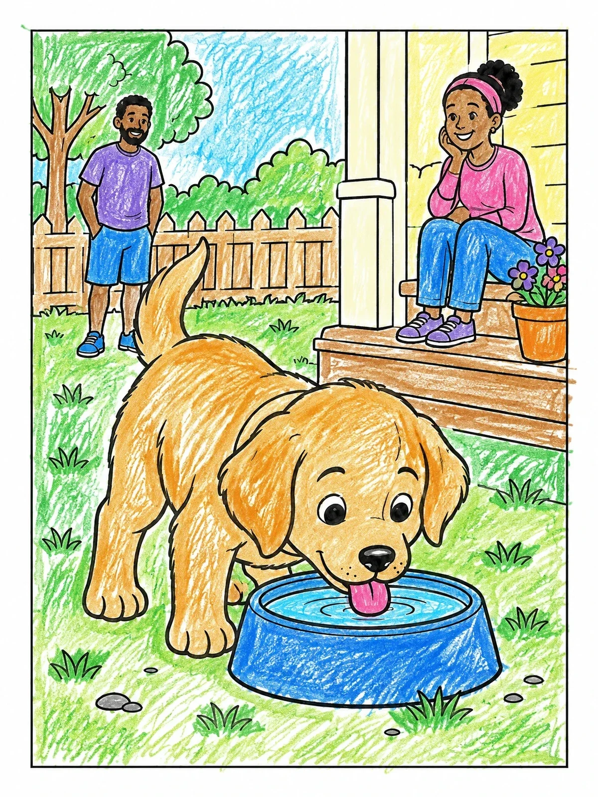 Colored example of the Puppy Drinking Water In The Yard coloring page