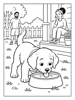 Free printable Puppy Drinking Water In The Yard coloring page