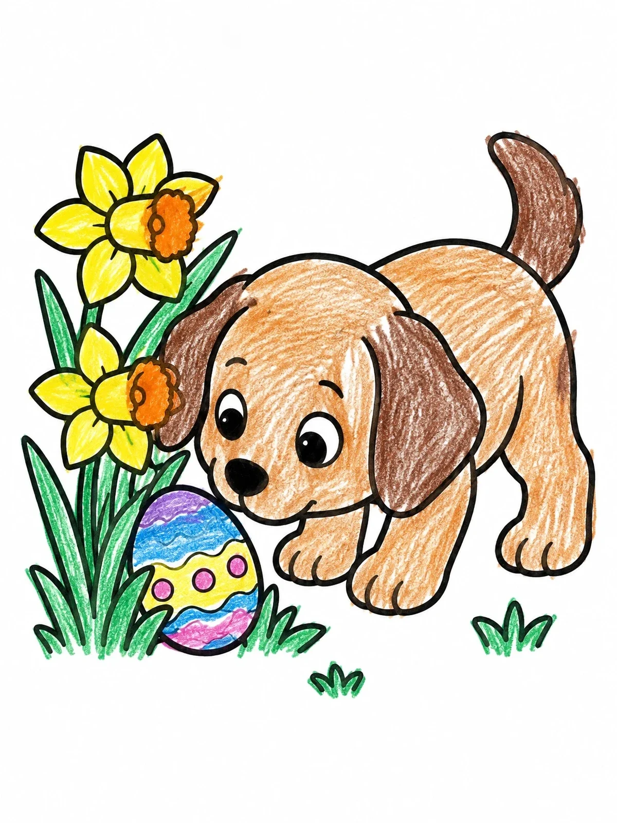 Colored example of the Puppy Finding An Easter Egg coloring page