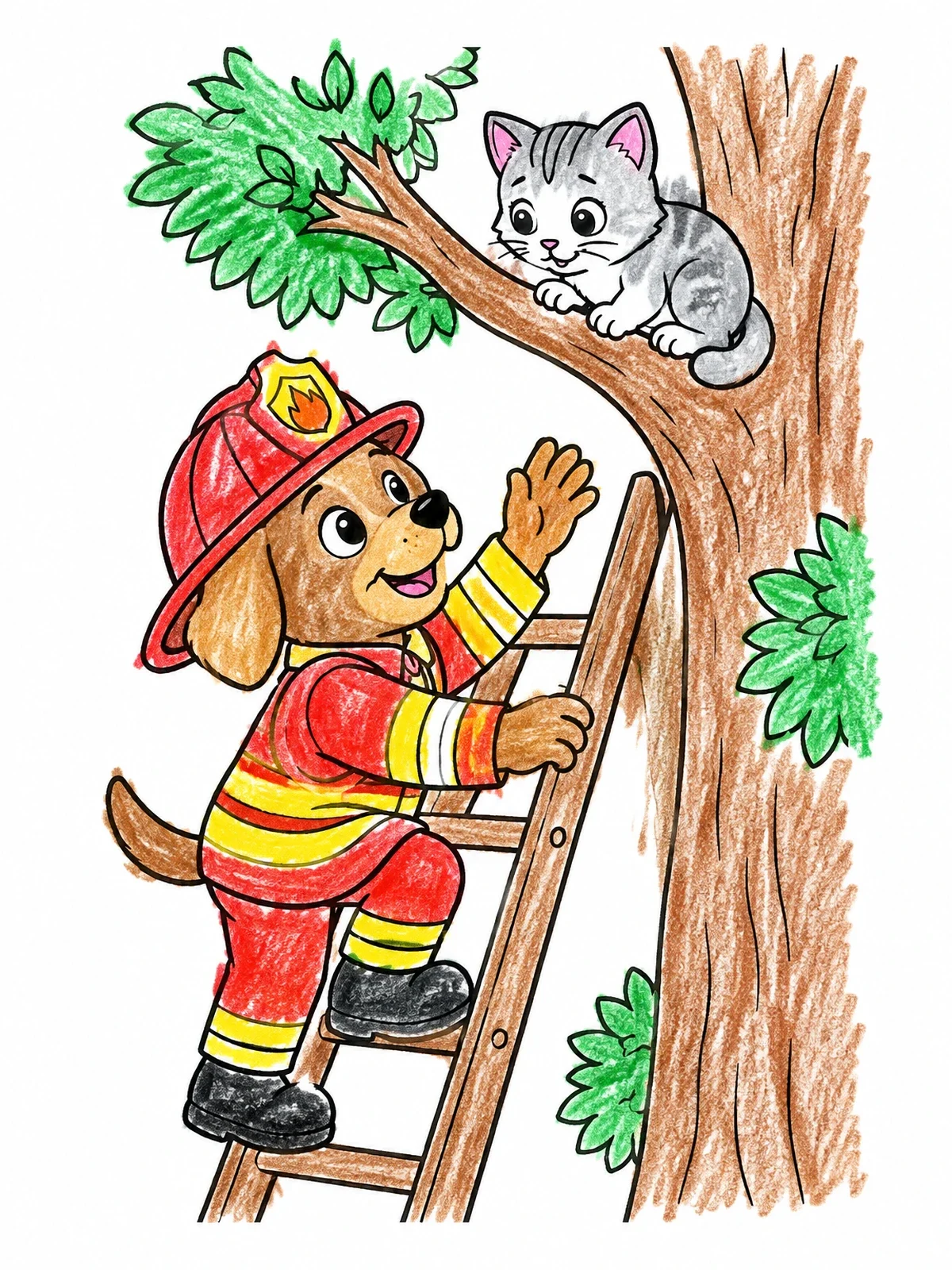 Colored example of the Puppy Firefighter Rescuing Kitten In Tree coloring page