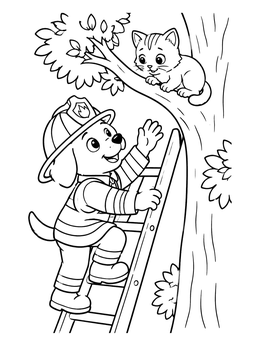 Free printable Puppy Firefighter Rescuing Kitten In Tree coloring page