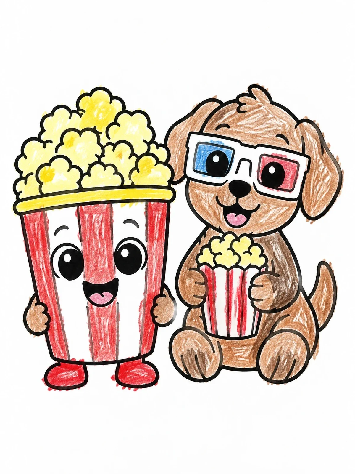 Colored example of the Puppy With Glasses And Popcorn Friend coloring page