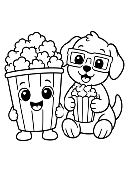 Free printable Puppy With Glasses And Popcorn Friend coloring page