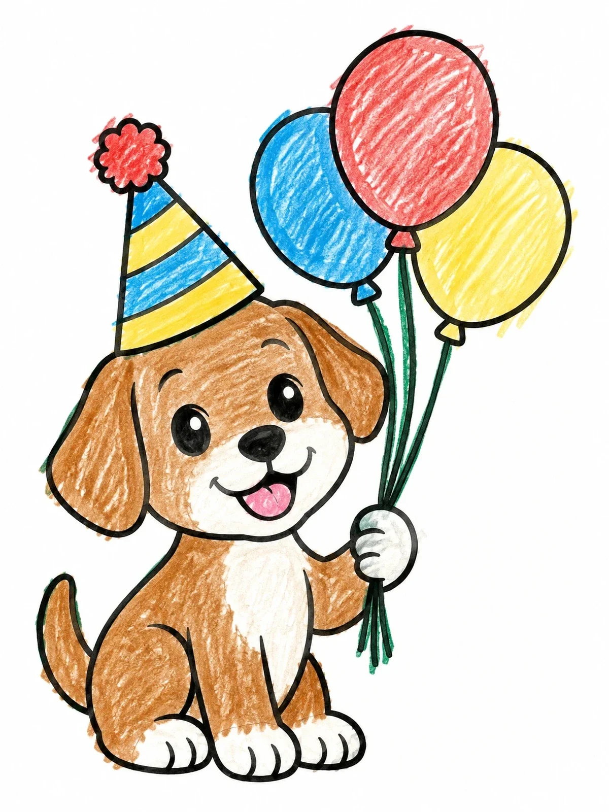 Colored example of the Puppy With Birthday Balloons coloring page