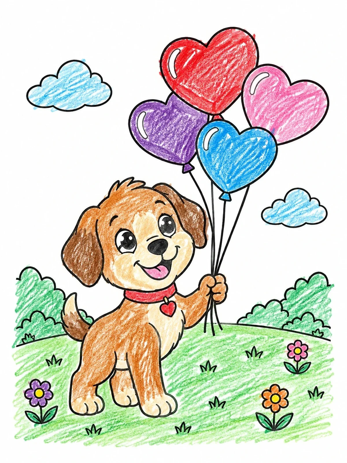 Colored example of the Cute Puppy Holding Heart Balloons coloring page