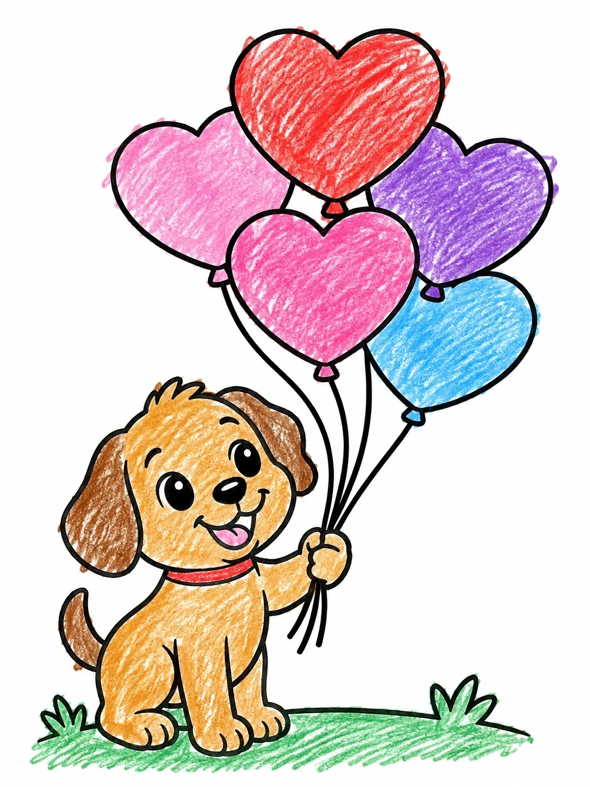 Colored example of the Playful Puppy With Heart Balloons coloring page