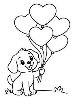 Free printable Playful Puppy With Heart Balloons coloring page