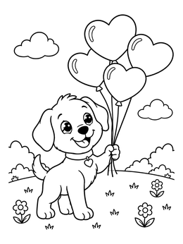 Free printable Cute Puppy Holding Heart Balloons coloring page