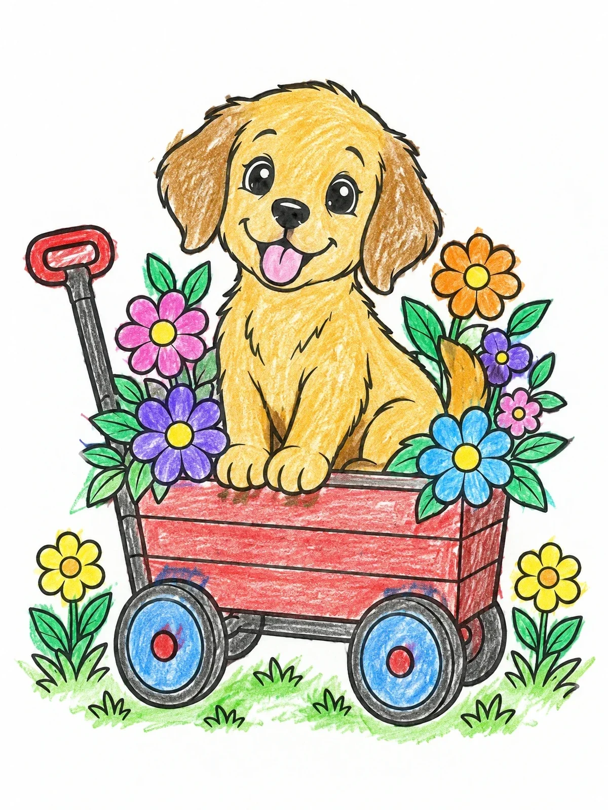 Colored example of the Playful Puppy In A Flower Wagon coloring page
