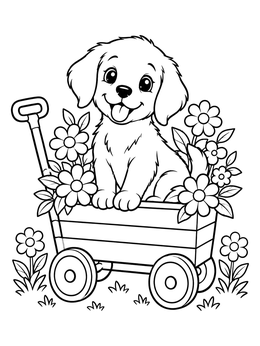 Free printable Playful Puppy In A Flower Wagon coloring page
