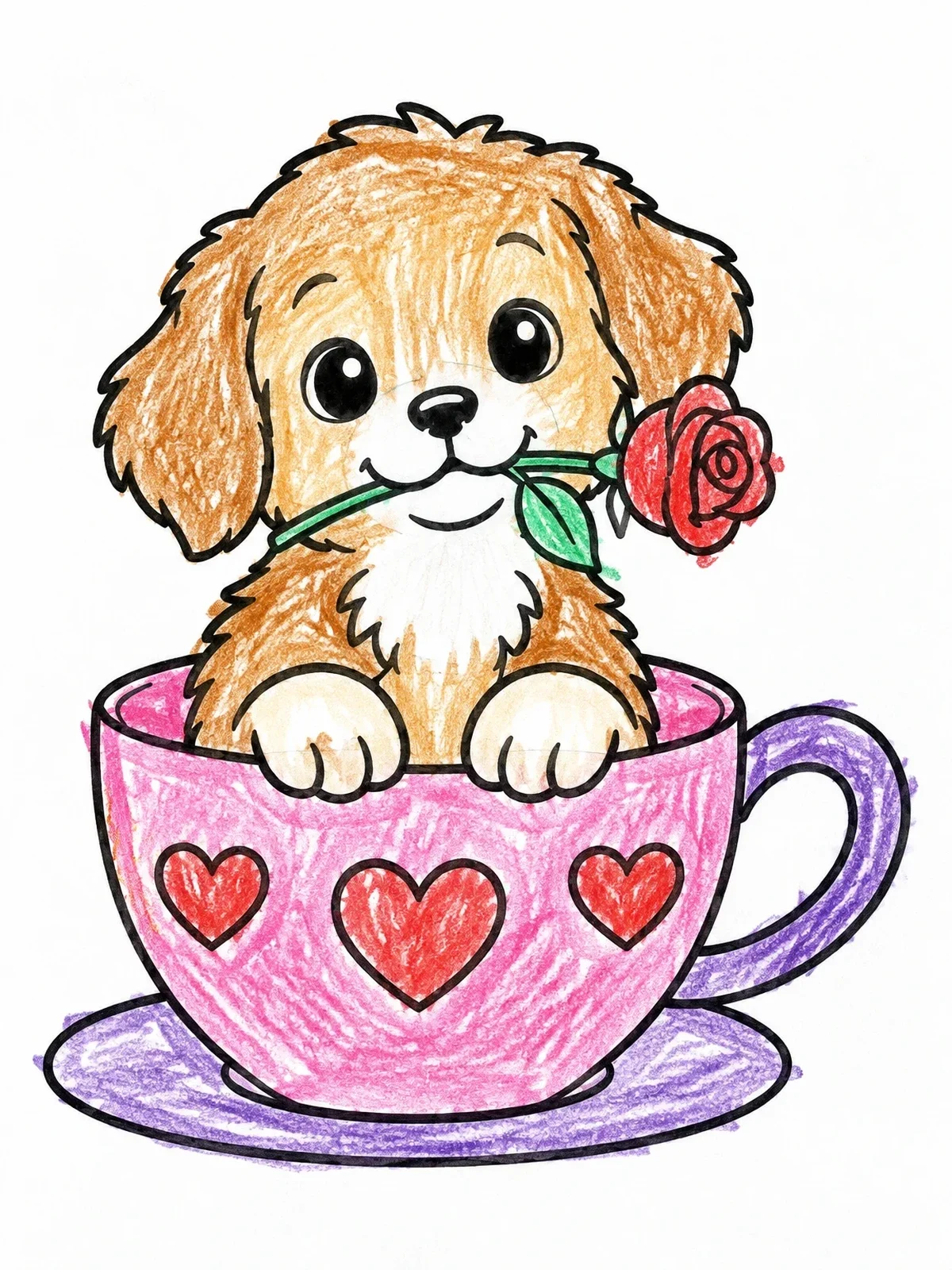 Colored example of the Puppy In A Valentine Teacup coloring page