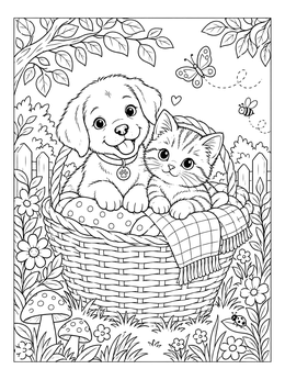 A puppy and kitten coloring page inside a cozy basket surrounded by flowers and butterflies.