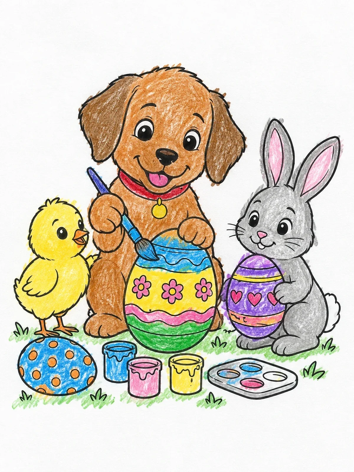 Colored example of the Puppy Painting Easter Eggs With Friends coloring page