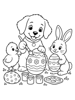 Cute easter dog coloring page featuring a puppy painting eggs with a chick and bunny.