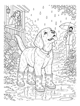 A puppy catching raindrops in this cheerful spring rain coloring page.
