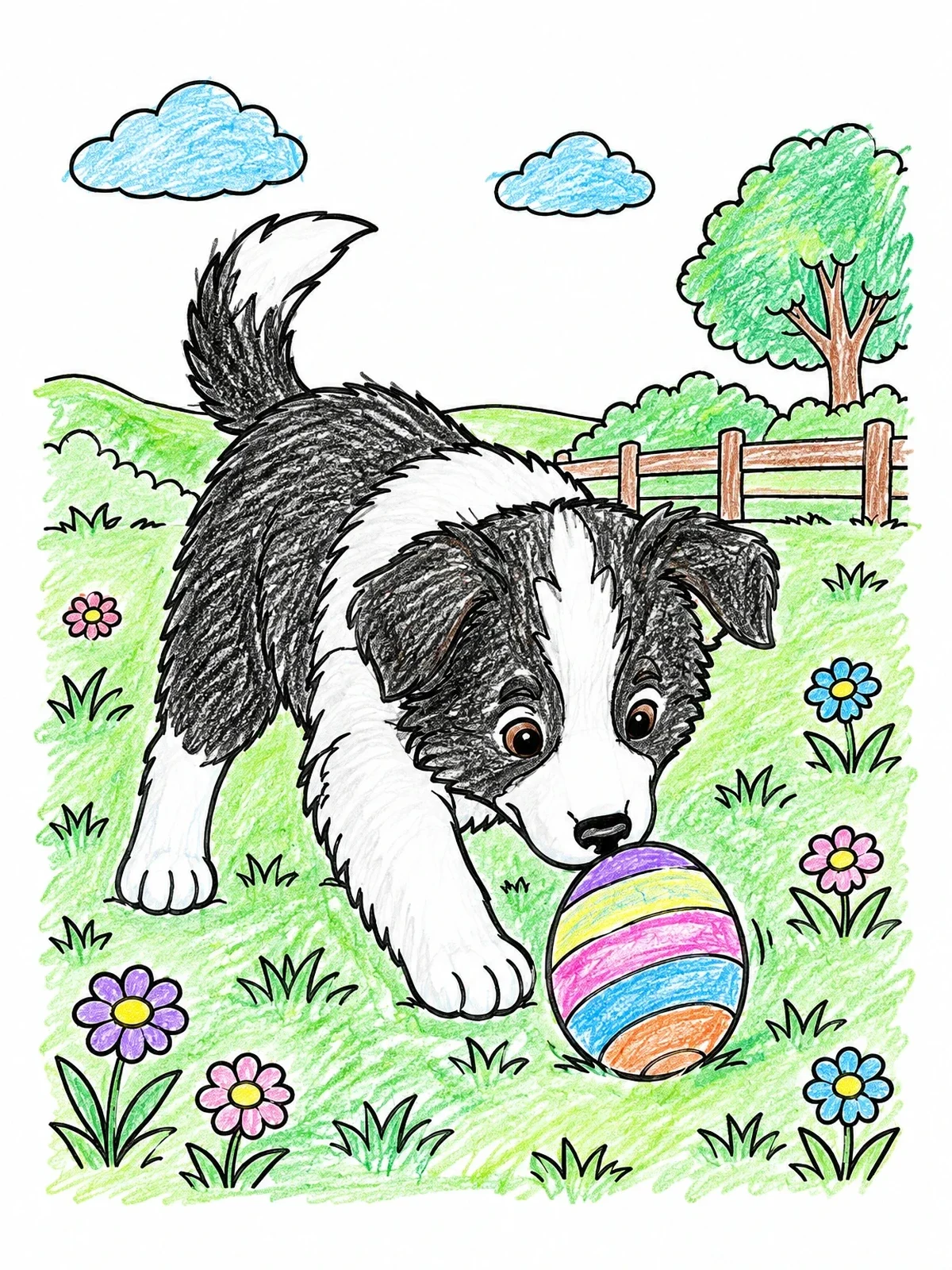 Colored example of the Playful Puppy Rolling Easter Egg coloring page