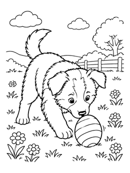 Free printable Playful Puppy Rolling Easter Egg coloring page