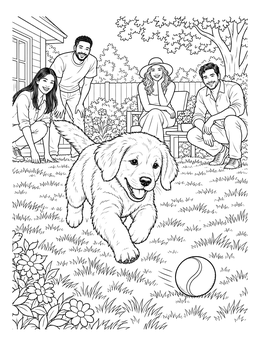 Free printable Playful Puppy Chasing Ball In Backyard coloring page