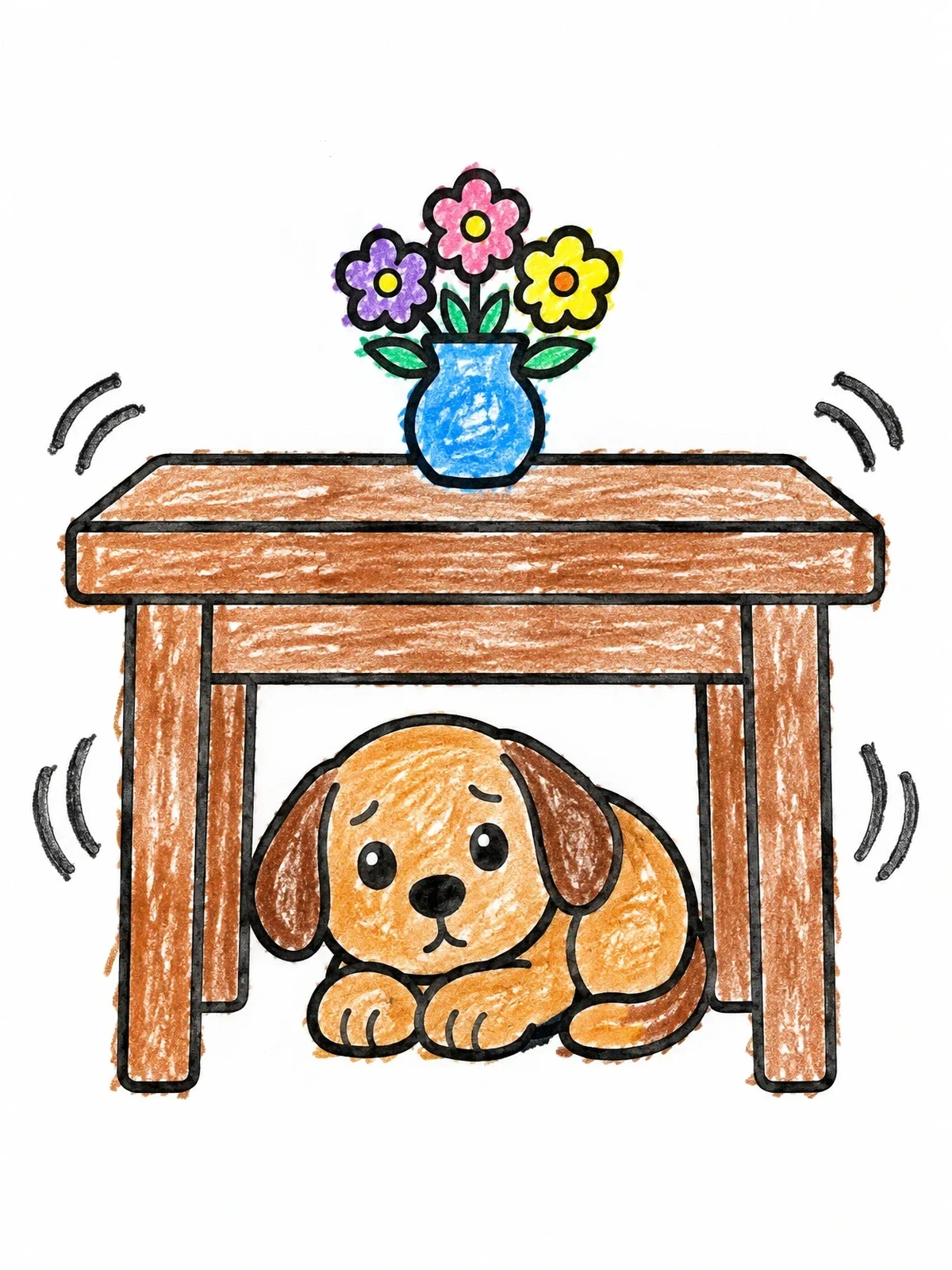 Colored example of the Cute Puppy Sheltering Under Table coloring page