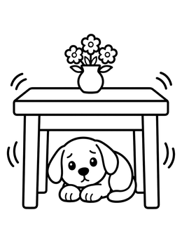 Free printable Cute Puppy Sheltering Under Table coloring page