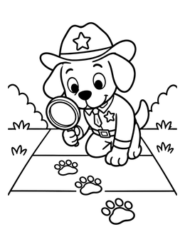 Free printable Puppy Sheriff Inspecting Paw Prints coloring page