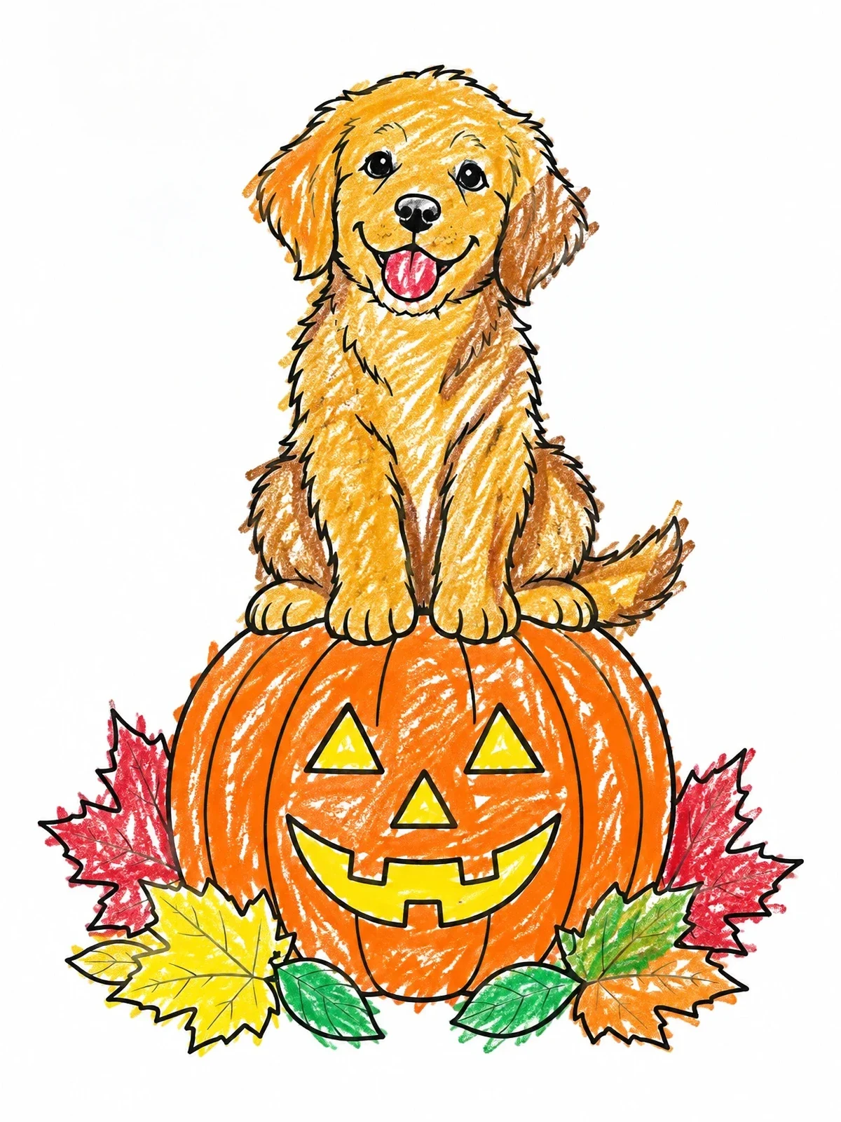Colored example of the Puppy Sitting On A Jack O' Lantern coloring page