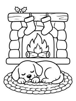 Free printable Puppy Sleeping By The Christmas Fireplace coloring page