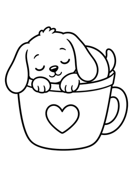 A sleeping puppy rests in this cup coloring page with a heart motif.